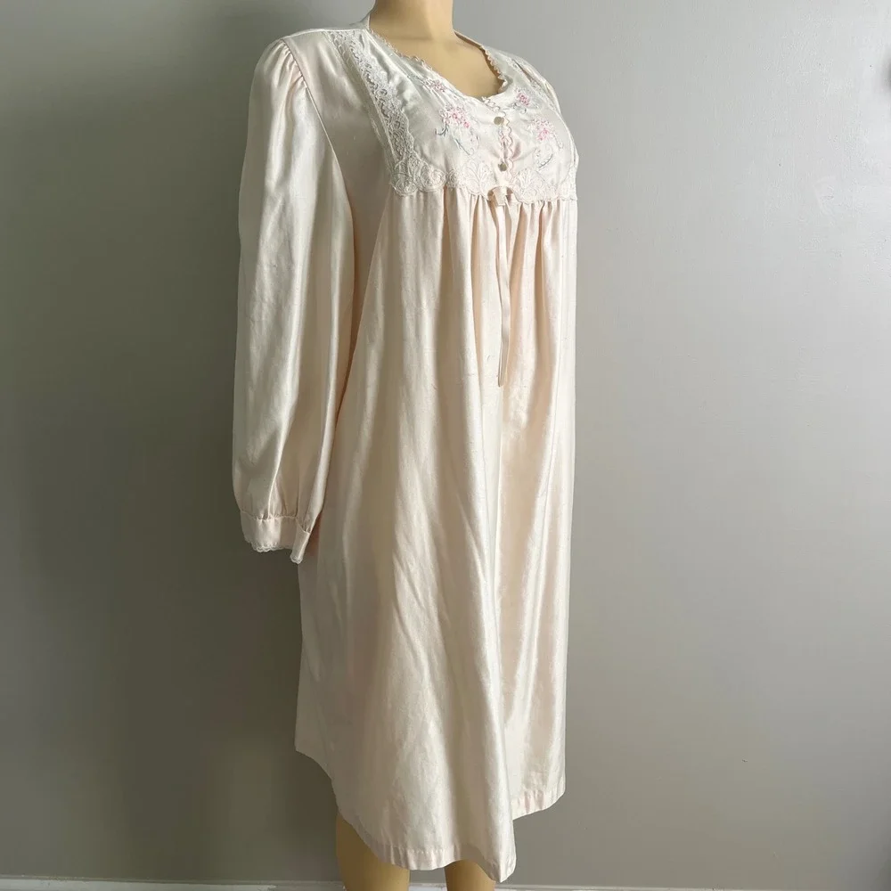 Lady Barbizon‎ Nightgown L Peach Pink Floral Lace Long Sleeve Loungewear Women